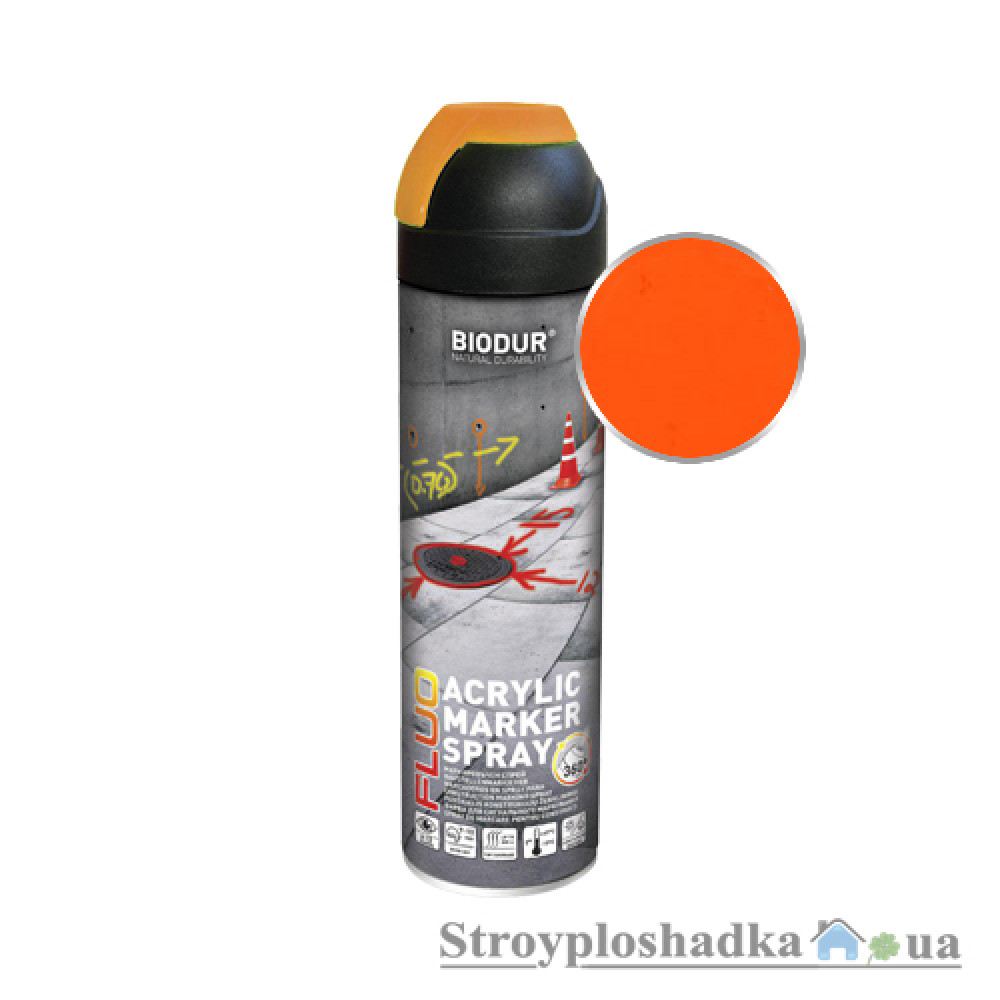 Аэрозольная эмаль Biodur, Acrylic Marker Spray Fluo, флуоресцентная, для сигнальной маркировки, оранжевая, 500 мл