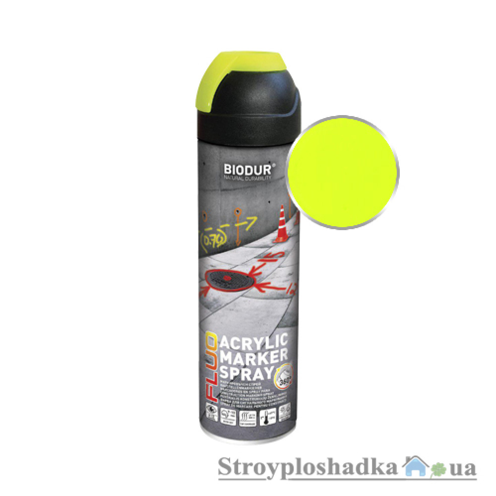 Аэрозольная эмаль Biodur, Acrylic Marker Spray Fluo, флуоресцентная, для сигнальной маркировки, желтая, 500 мл