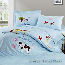 Комплект постельного белья Arya Сатин с вышивкой 160х220 см, Farm (пододеяльник, простынь, 2 наволочки), хлопок, рисунок-ферма, голубой