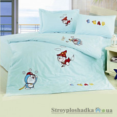 Комплект постельного белья Arya Сатин с вышивкой 160х220 см, Flying Cat (пододеяльник, простынь, 2 наволочки), хлопок, рисунок-коты, голубой