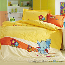 Комплект постельного белья Arya Сатин с вышивкой 160х220 см, Happy Elephant (пододеяльник, простынь, 2 наволочки), хлопок, рисунок-счастливый слонёнок, желтый
