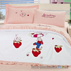 Комплект постільної білизни Arya Сатин з вишивкою 160х220 см, Strawberry Girl (підковдра, простирадло, 2 наволочки), бавовна, малюнок-дівчинка, рожевий