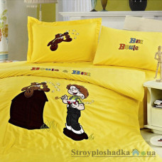 Комплект постельного белья Arya Сатин с вышивкой 160х220 см, Vulg (пододеяльник, простынь, 2 наволочки), хлопок, рисунок-мальчик с собакой, желтый