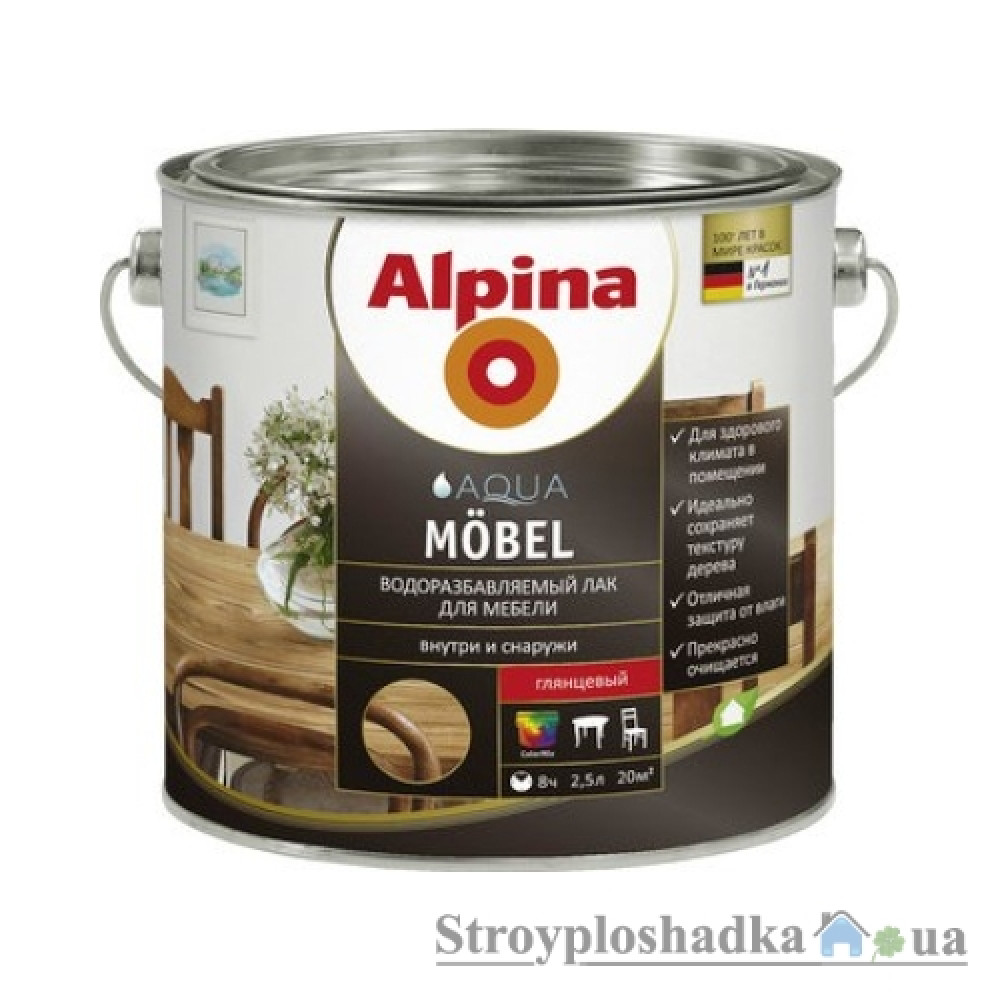 Акриловий лак Alpina Aqua Mobel, напівматовий, прозорий, 2.5 л