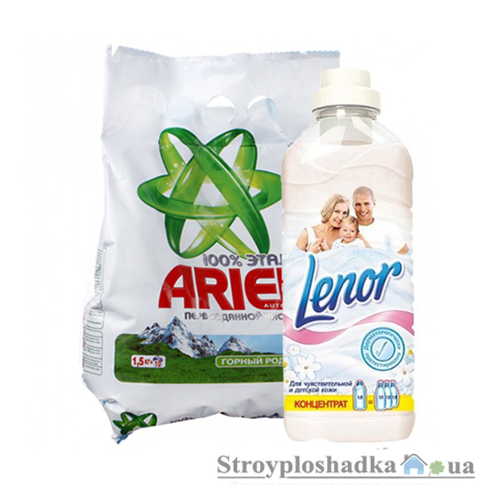 Набор: Стиральный порошок Ariel Горный родник + Кондиционер для белья Lenor, для чувствительной и детской кожи