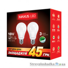 Лампа светодиодная Maxus A60, 10 Вт, 3000 К, 220 В, E27 (2-LED-145-01), 2 шт/уп