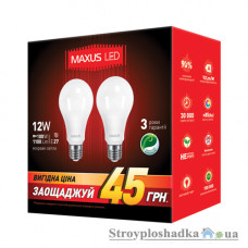 Лампа світлодіодна Maxus A65, 12 Вт, 4100 K, 220 В, E27 (2-LED-336-01), 2 шт/уп
