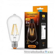 Лампа светодиодная VIDEX Filament ST64FD, 6 Вт, E27, 4100K, 220 В, диммерная