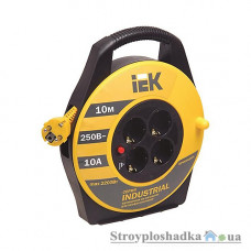 Удлинитель на катушке с заземлением IEK УК-10, Indastrial, 4 гнезда, 10 м, с термозащитой (WKP15-16-04-10)