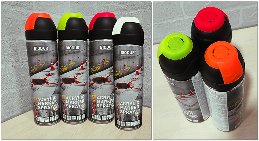 Аэрозольная флуоресцентная краска Biodur Acrylic Marker Spray для сигнальной маркировки и дорожной разметки. Цвет белый, желтый, красный, оранжевый.