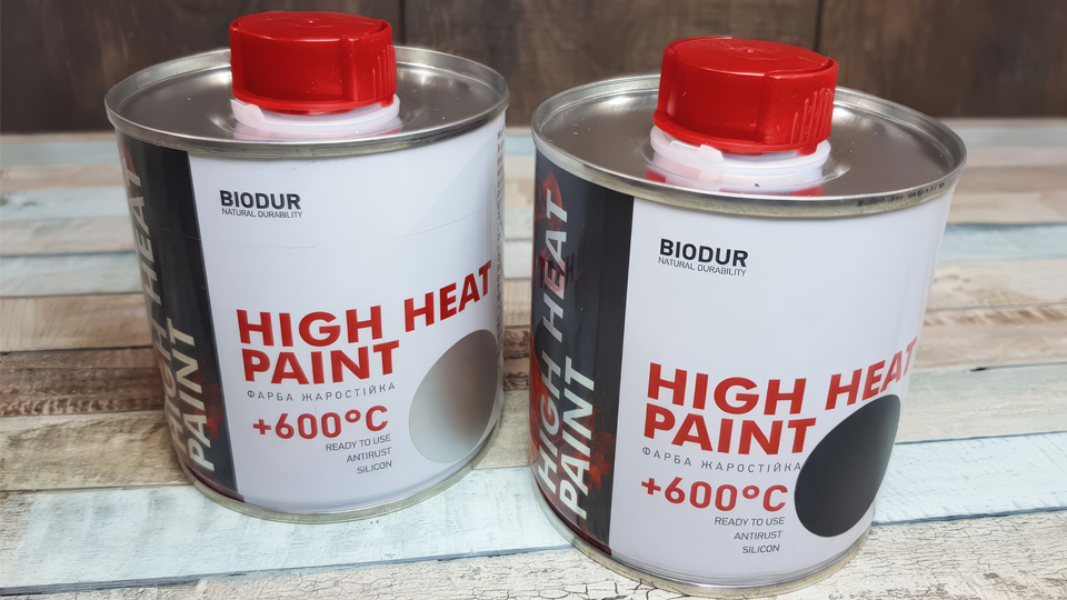 Термостойкая краска Biodur High Heat Paint, до +600°C, в банках с красными крышками