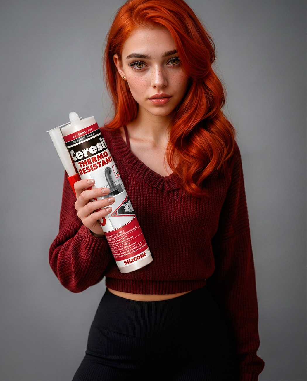 Красный термостойкий герметик Ceresit в руке молодой женщины Красный термостойкий герметик Ceresit в руке молодой женщины