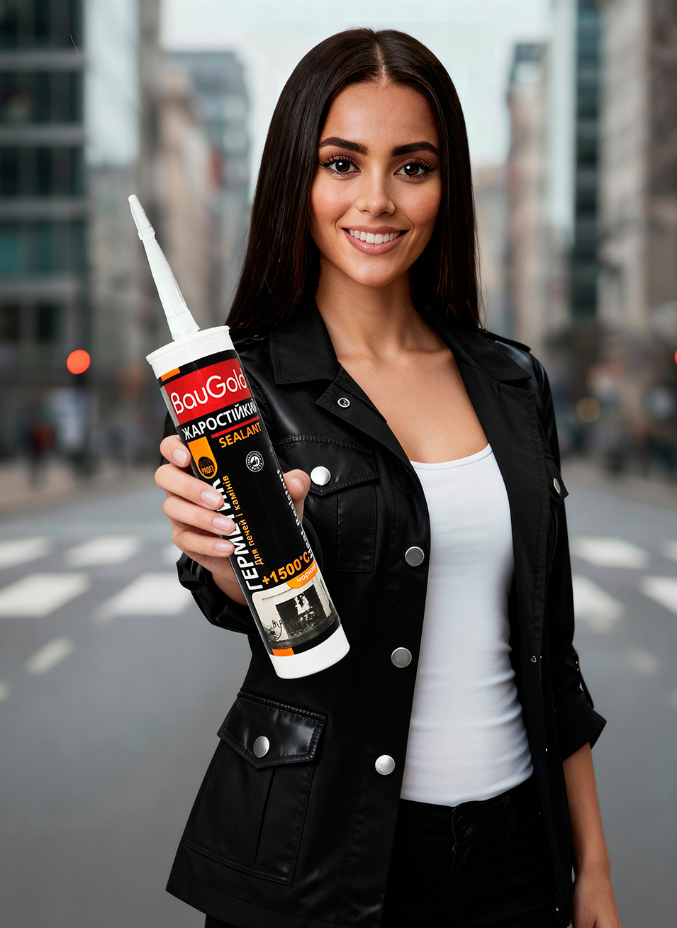 Чорний термостійкий герметик BauGold у тубі в руці жінки на фоні міської вулиці Чорний термостійкий герметик BauGold у тубі в руці жінки на фоні міської вулиці