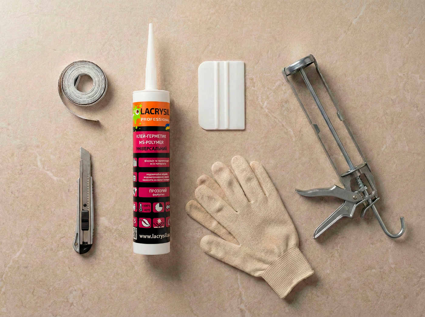 Клей-герметик Lacrysil Professional MS-Polymer та інструменти для нанесення: пістолет, ніж, рукавички