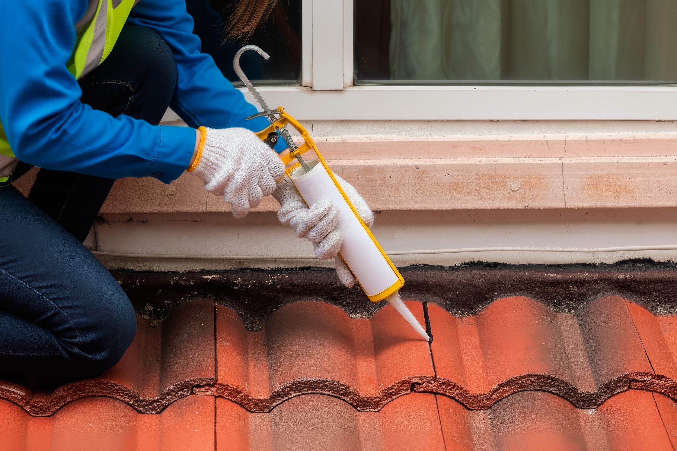 Нанесение битумного герметика пистолетом на трещину в черепичной крыше возле окна Нанесение битумного герметика пистолетом на трещину в черепичной крыше возле окна