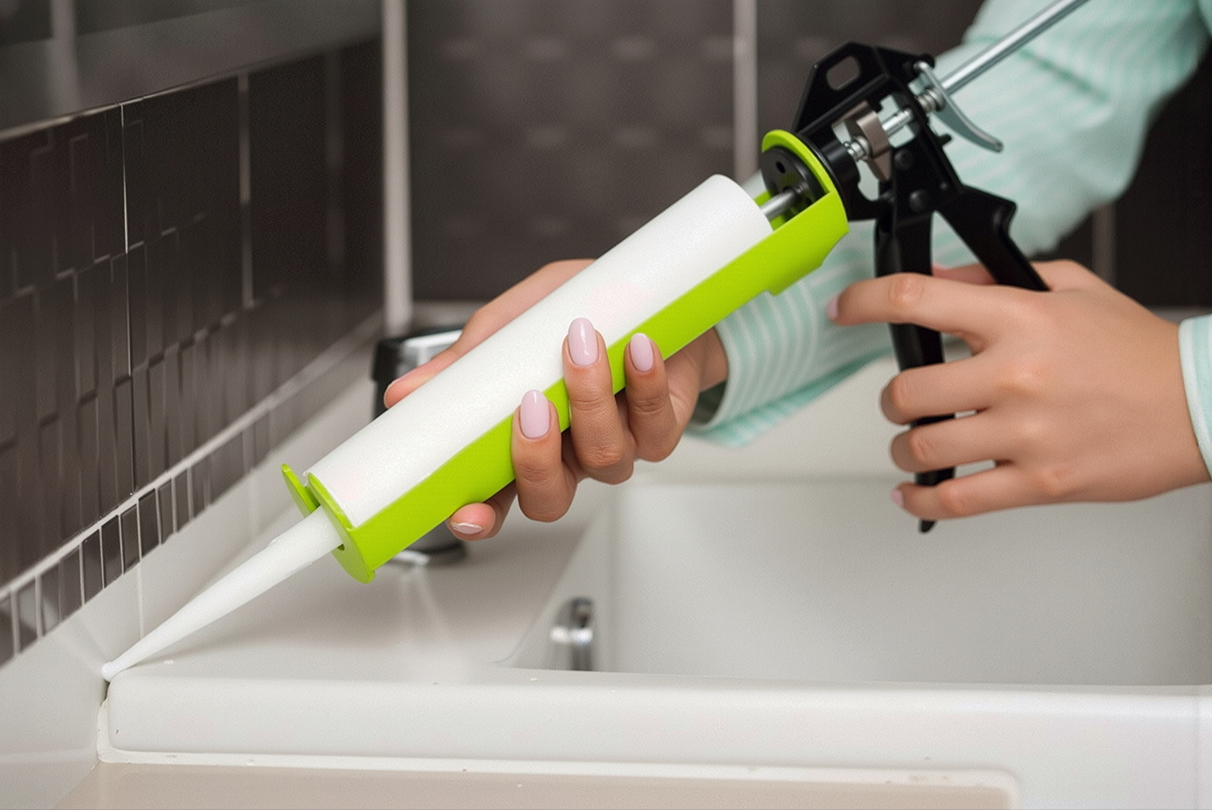 Нанесення санітарного силіконового герметика у стику ванни й плитки пістолетом