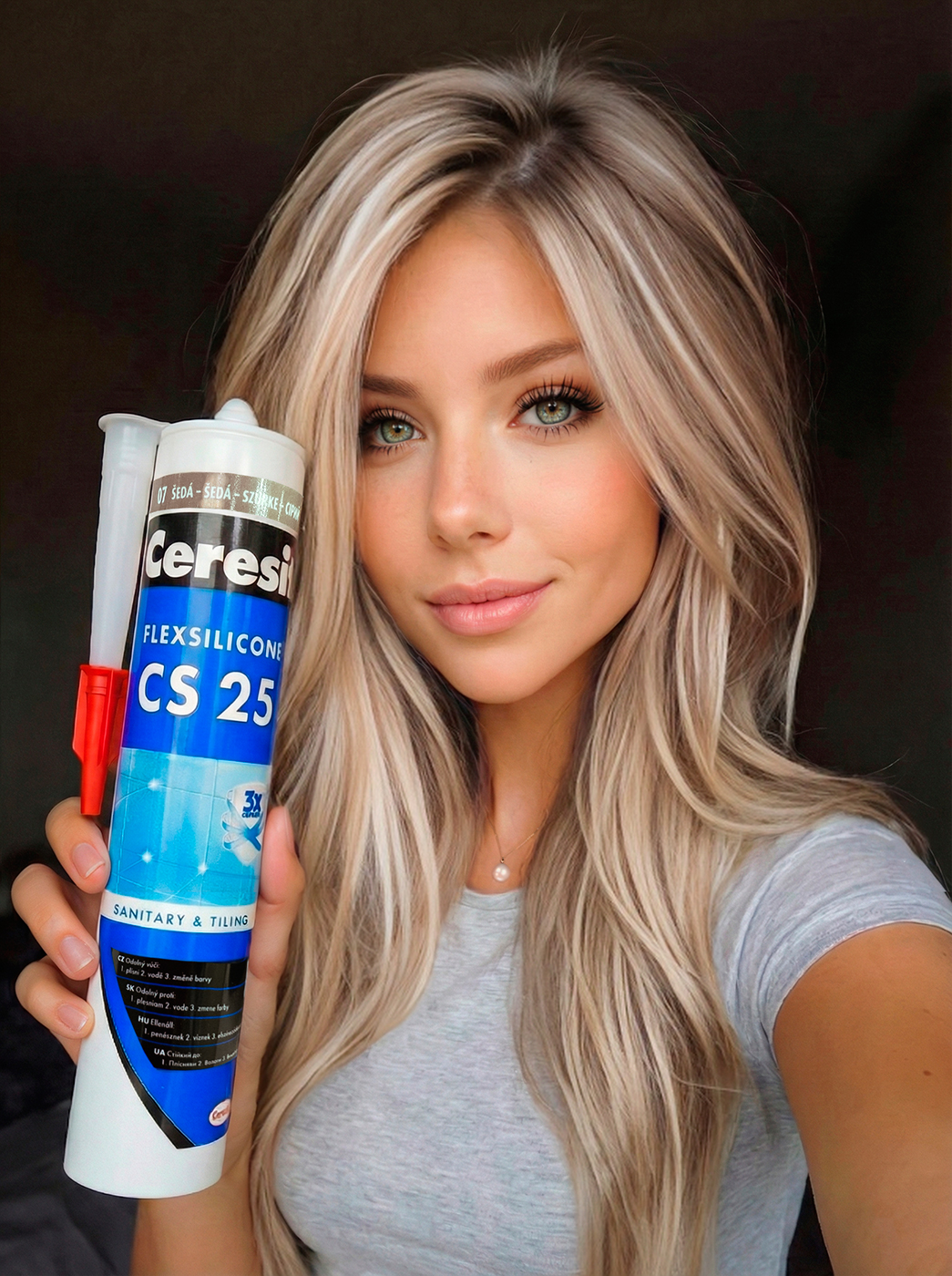 Серый санитарный герметик Ceresit CS 25 молодая женщина держит в руке Серый санитарный герметик Ceresit CS 25 молодая женщина держит в руке