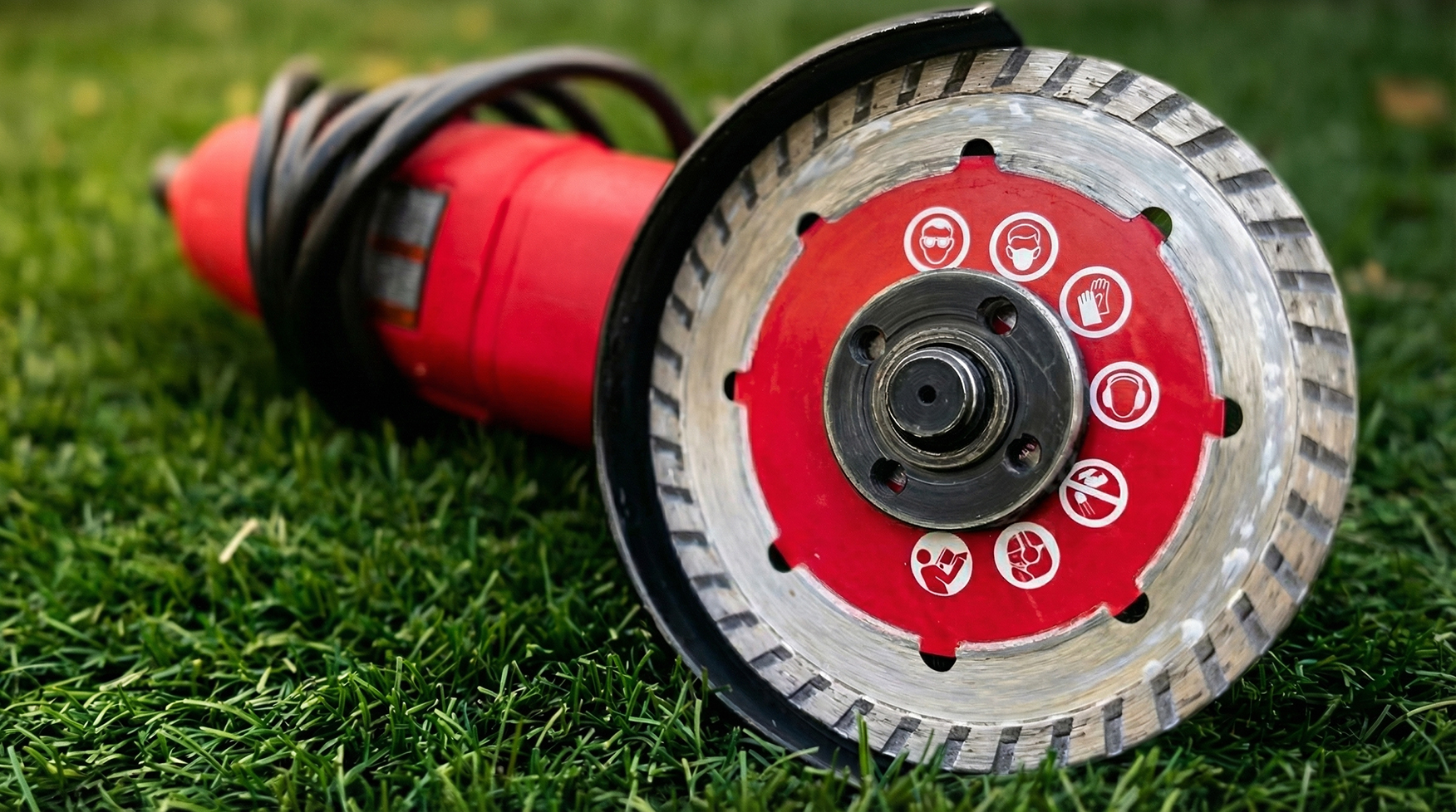 Алмазный диск для болгарки на углошлифовальной машине, крупный план Алмазный диск для болгарки на углошлифовальной машине, крупный план