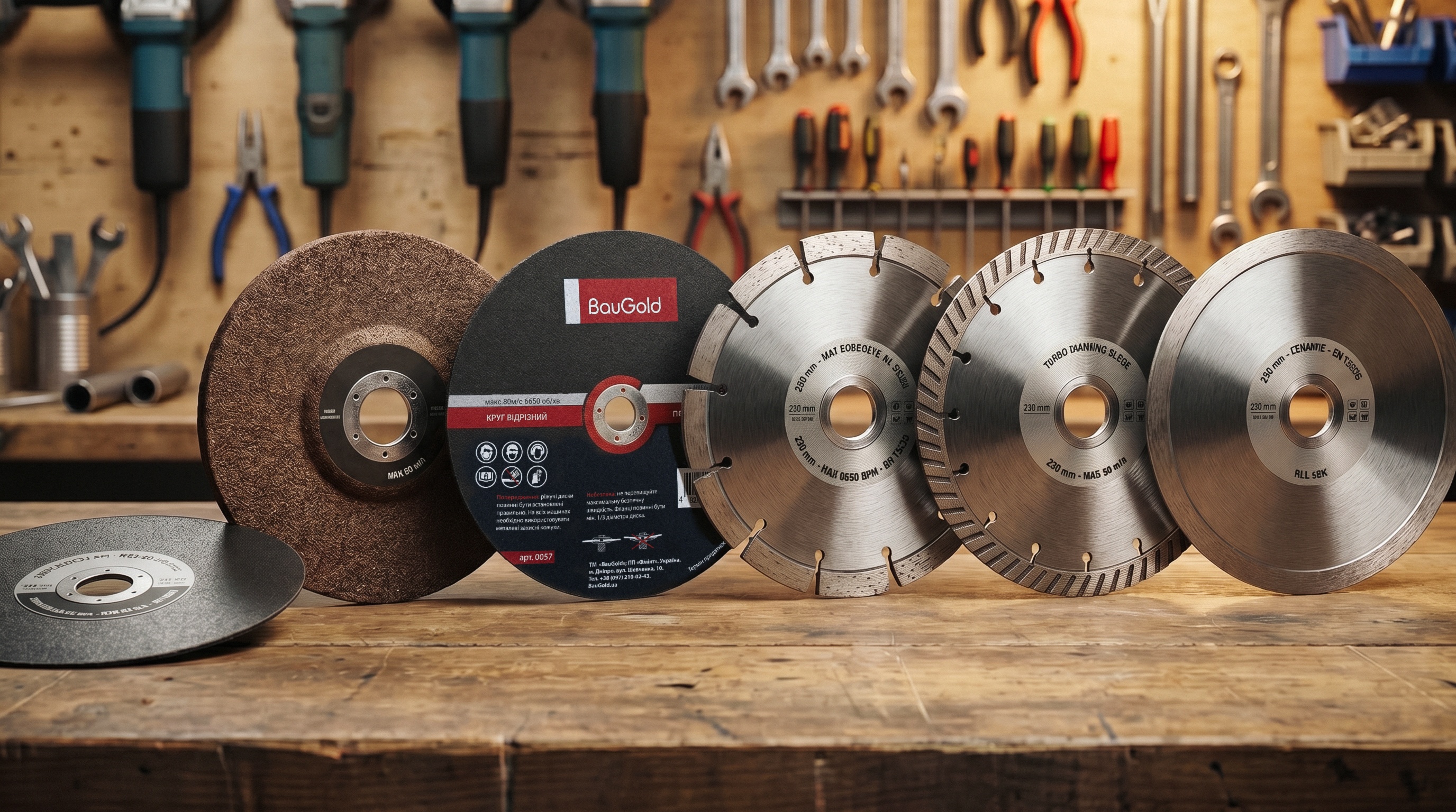Круги и диски 230 мм для болгарки разных типов на верстаке в мастерской