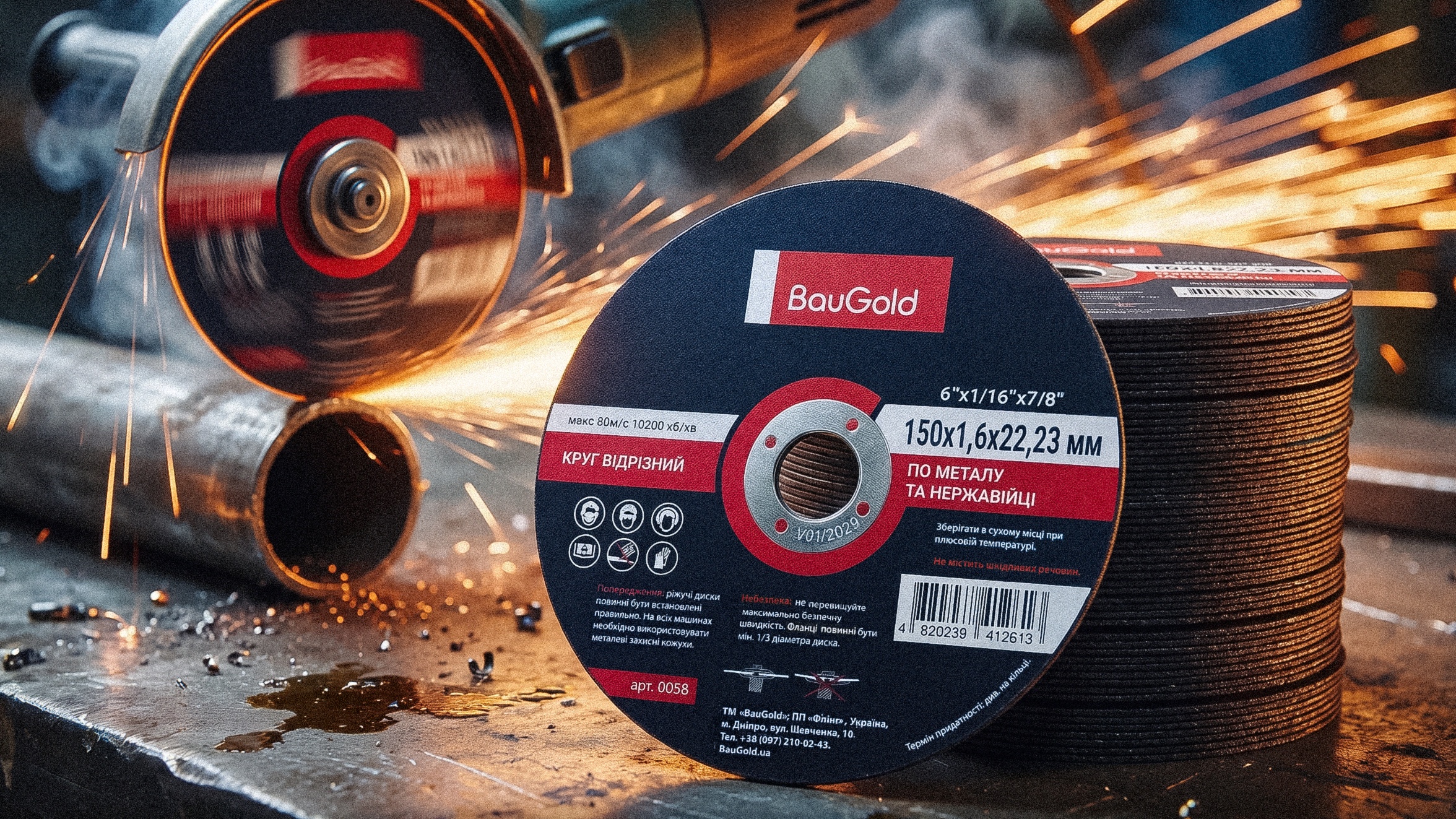 Диск 150 мм для болгарки BauGold по металу та нержавійці під час різання металевої труби