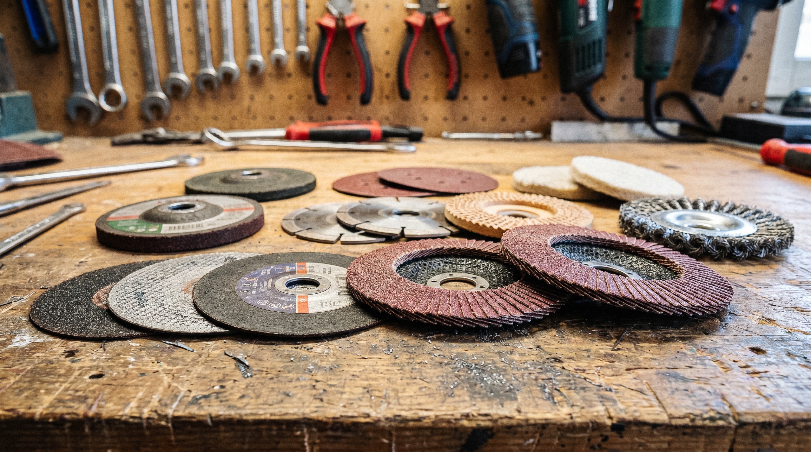 Круги и диски 125 мм для болгарки разных типов на верстаке в мастерской