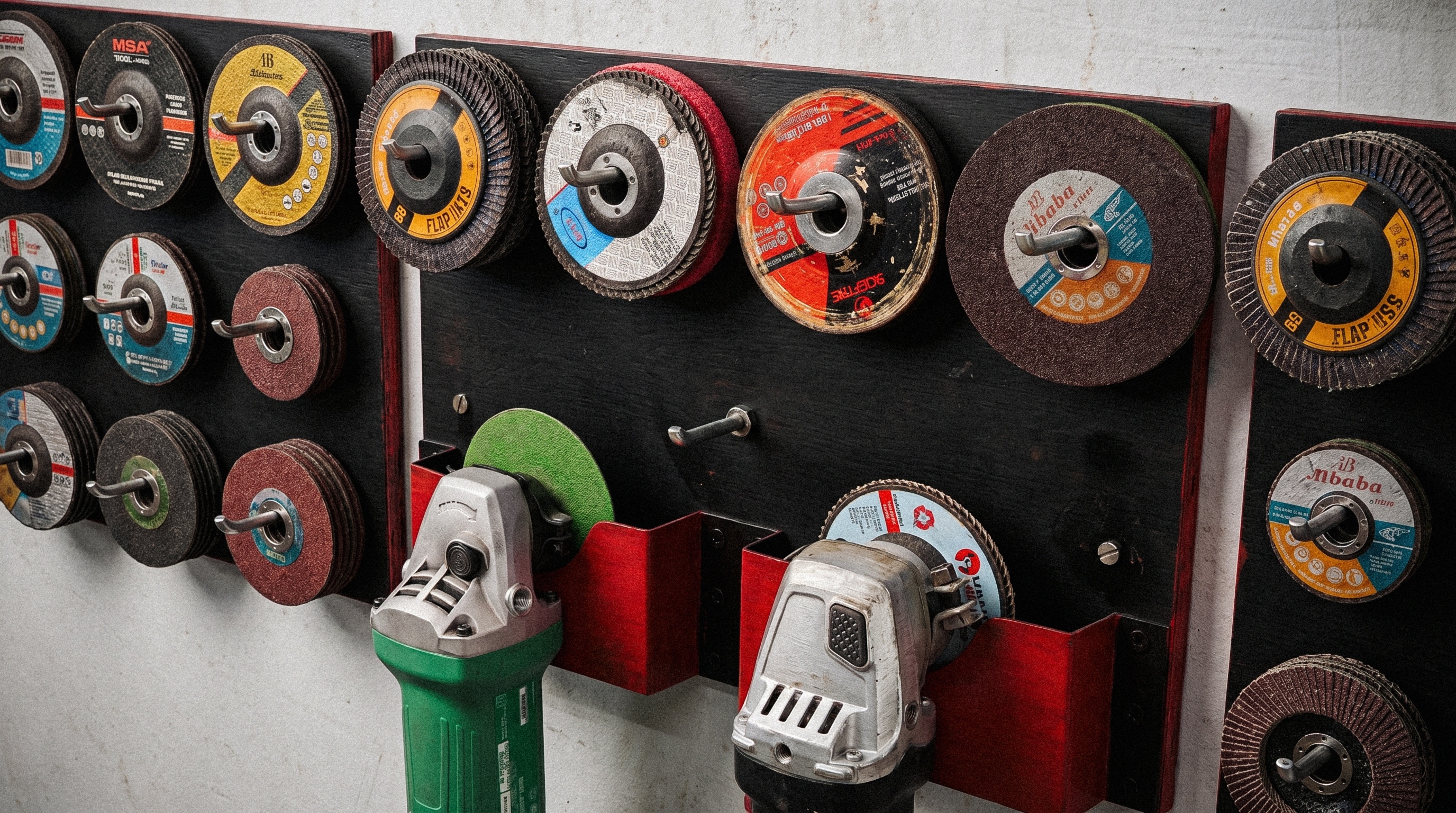 Круги и диски для болгарки разных типов на настенном стенде в мастерской