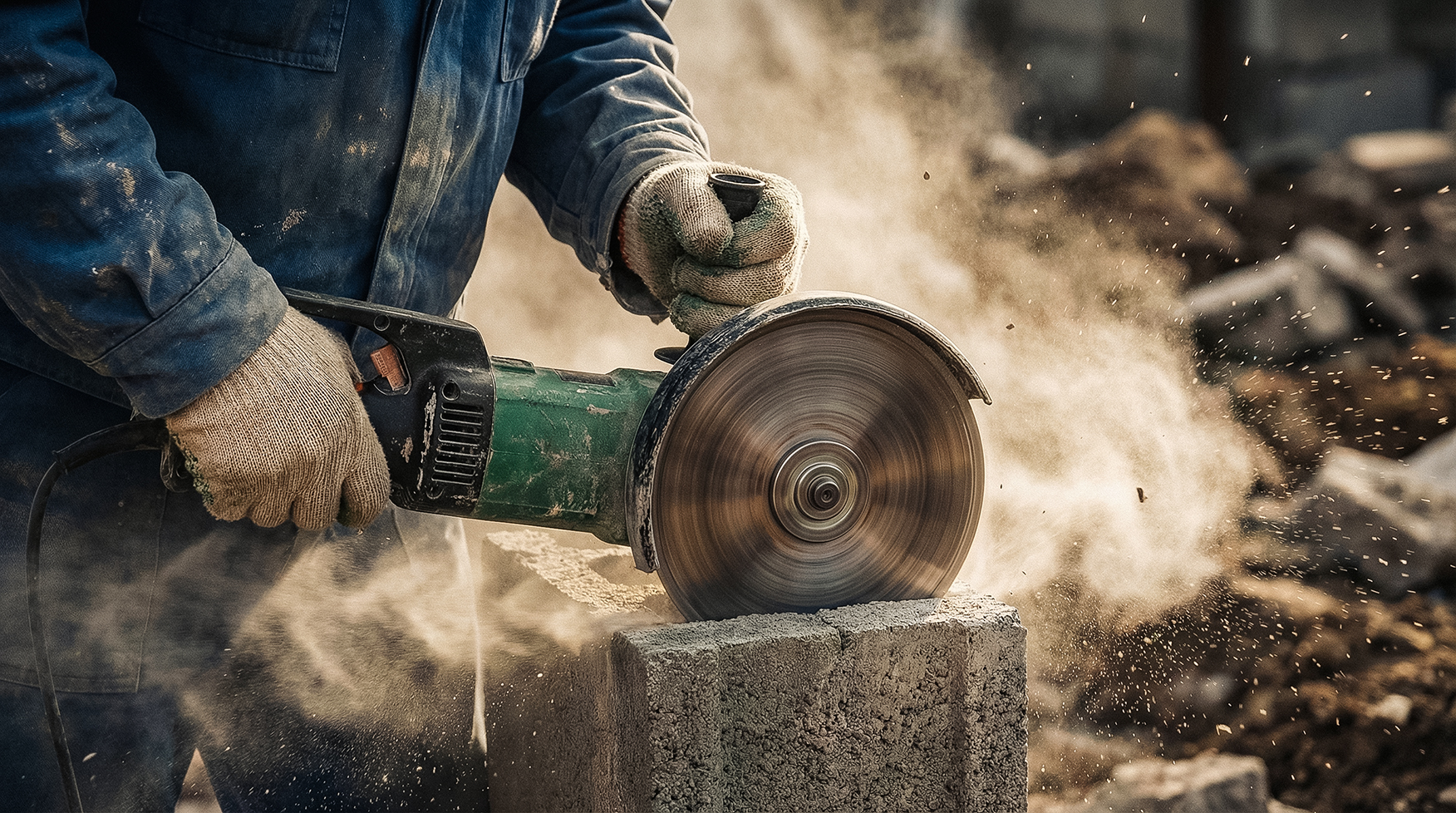 Резка бетонного блока болгаркой с алмазным диском Резка бетонного блока болгаркой с алмазным диском