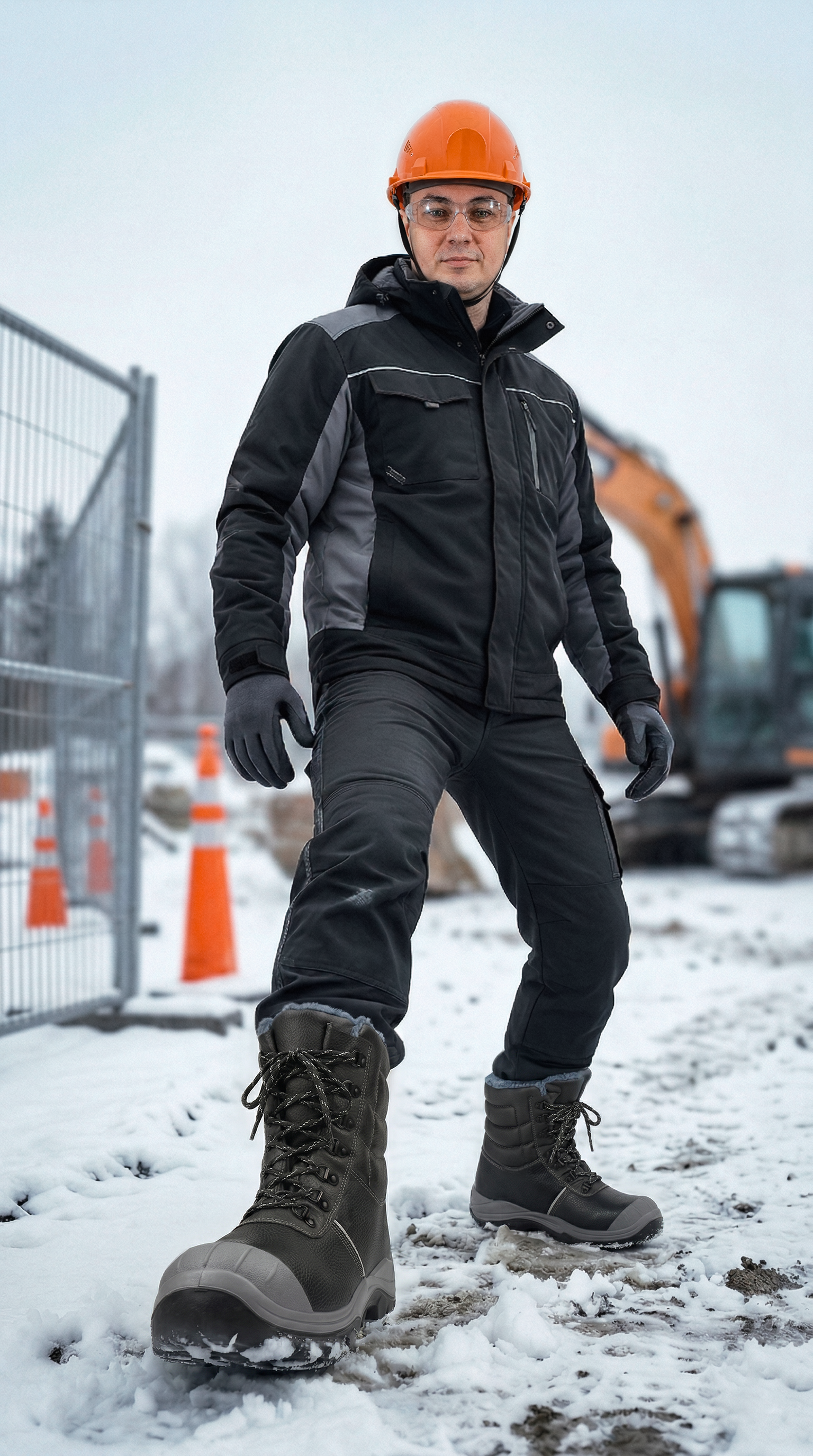 Берці робочі зимові з посиленим носком на будівельному майданчику, працівник у спецодязі та касці Берці робочі зимові з посиленим носком на будівельному майданчику, працівник у спецодязі та касці